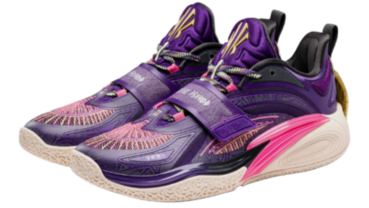 Purple and pink athletic shoes on a light gray background